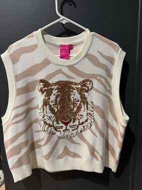 QUEEN OF SPARKLES Cream and Tan Tiger Sequin Knit Tank
